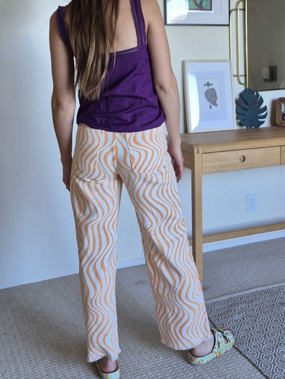 Zara White & Orange Wave-Print Wide Leg Pants - Picture 5 of 5